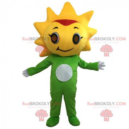 Green and yellow flower mascot with his head in the form of the