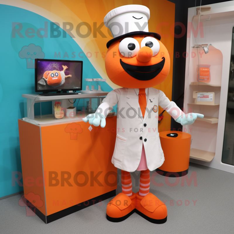 Orange Doctor mascot costume character dressed with a Pencil Skirt and Cufflinks Orange Doctor mascot costume character dressed with a Pencil Skirt and Cufflinks