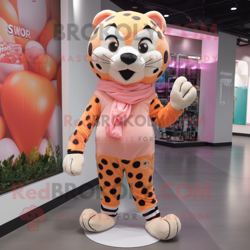 Peach Leopard mascot costume character dressed with a Joggers and Scarves