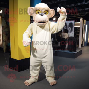 Cream Monkey mascot costume character dressed with a Jumpsuit and Earrings