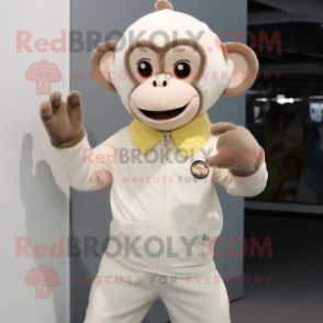 Cream Monkey mascot costume character dressed with a Jumpsuit and Earrings