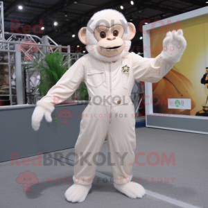 Cream Monkey mascot costume character dressed with a Jumpsuit and Earrings