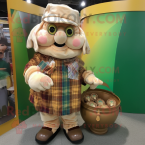 Tan Pot Of Gold mascot costume character dressed with a Flannel Shirt and Coin purses