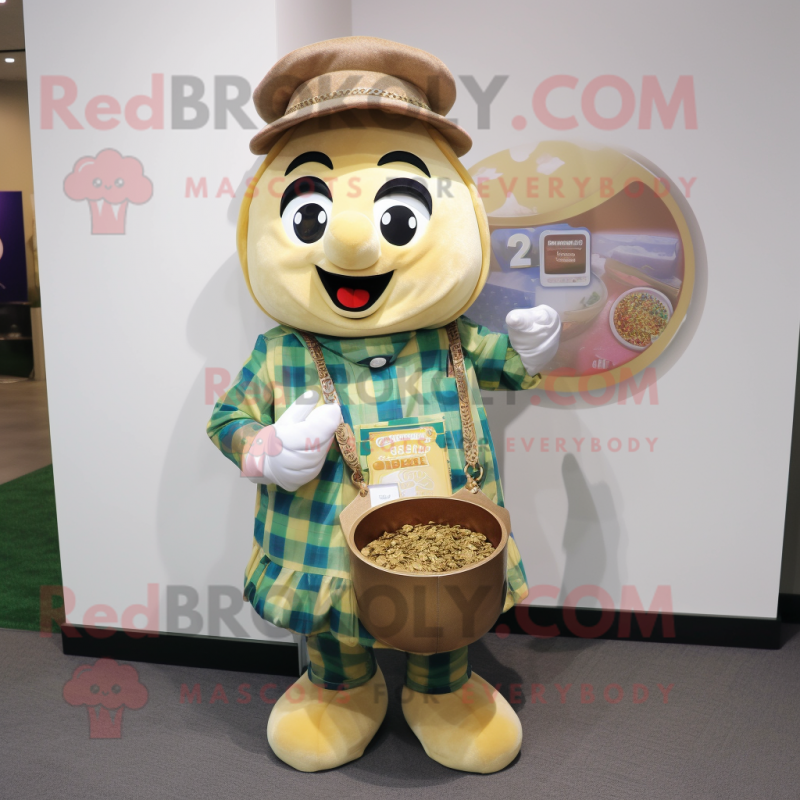 Tan Pot Of Gold mascot costume character dressed with a Flannel Shirt and Coin purses Tan Pot Of Gold mascot costume character dressed with a Flannel Shirt and Coin purses
