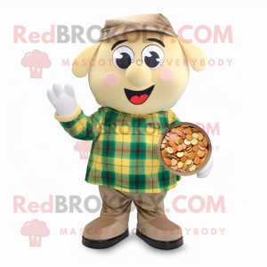 Tan Pot Of Gold mascot costume character dressed with a Flannel Shirt and Coin purses