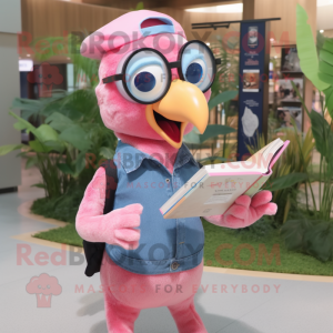 Pink Woodpecker mascot costume character dressed with a Denim Shirt and Reading glasses