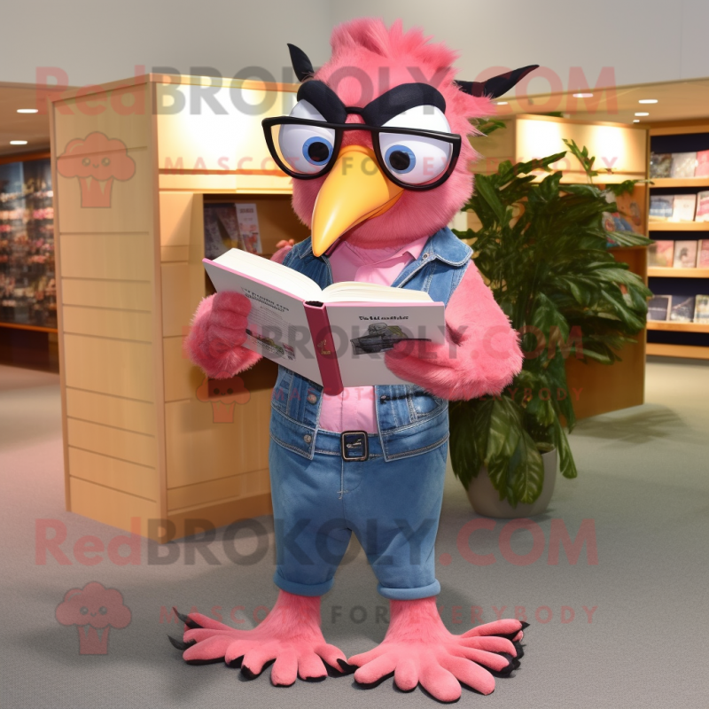 Pink Woodpecker mascot costume character dressed with a Denim Shirt and Reading glasses