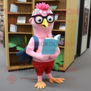 Pink Woodpecker mascot costume character dressed with a Denim Shirt and Reading glasses