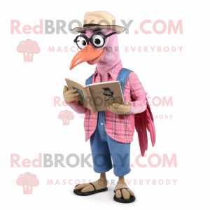 Pink Woodpecker mascot costume character dressed with a Denim Shirt and Reading glasses