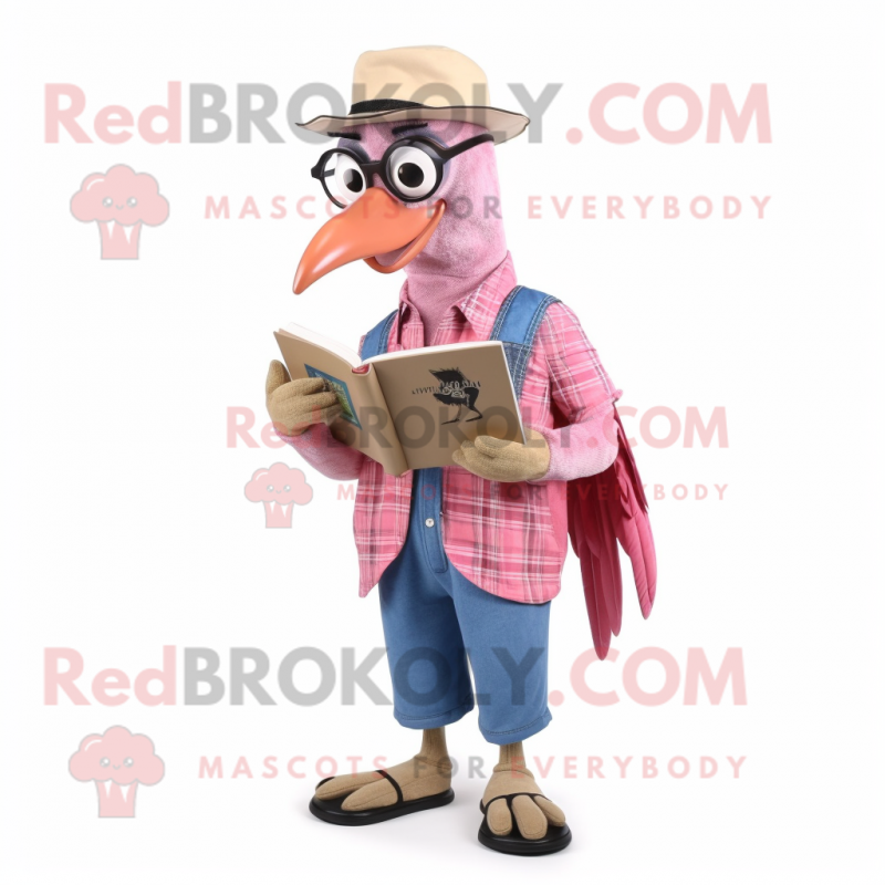 Pink Woodpecker mascot costume character dressed with a Denim Shirt and Reading glasses