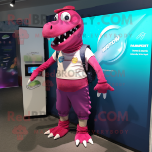 Magenta Loch Ness Monster mascot costume character dressed with a Bermuda Shorts and Digital watches