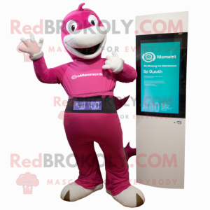 Magenta Loch Ness Monster mascot costume character dressed with a Bermuda Shorts and Digital watches