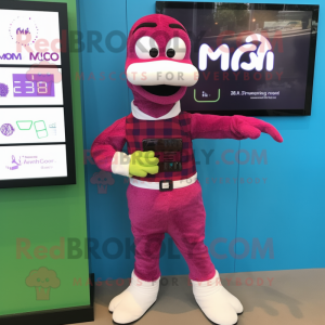 Magenta Loch Ness Monster mascot costume character dressed with a Bermuda Shorts and Digital watches