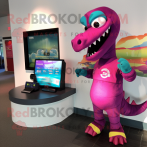 Magenta Loch Ness Monster mascot costume character dressed with a Bermuda Shorts and Digital watches