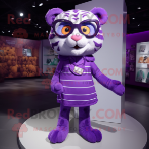 Purple Tiger mascot costume character dressed with a Shift Dress and Eyeglasses