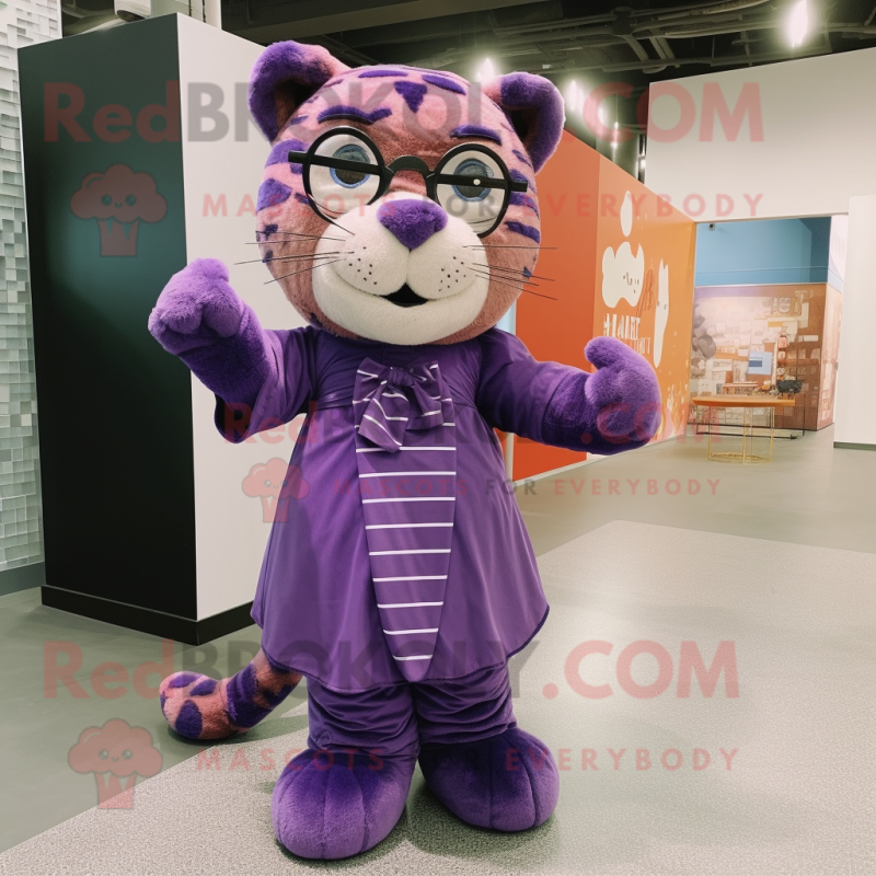 Purple Tiger mascot costume character dressed with a Shift Dress and Eyeglasses