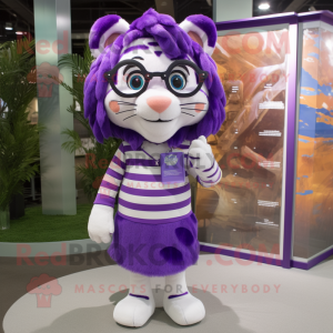 Purple Tiger mascot costume character dressed with a Shift Dress and Eyeglasses