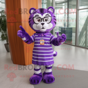 Purple Tiger mascot costume character dressed with a Shift Dress and Eyeglasses