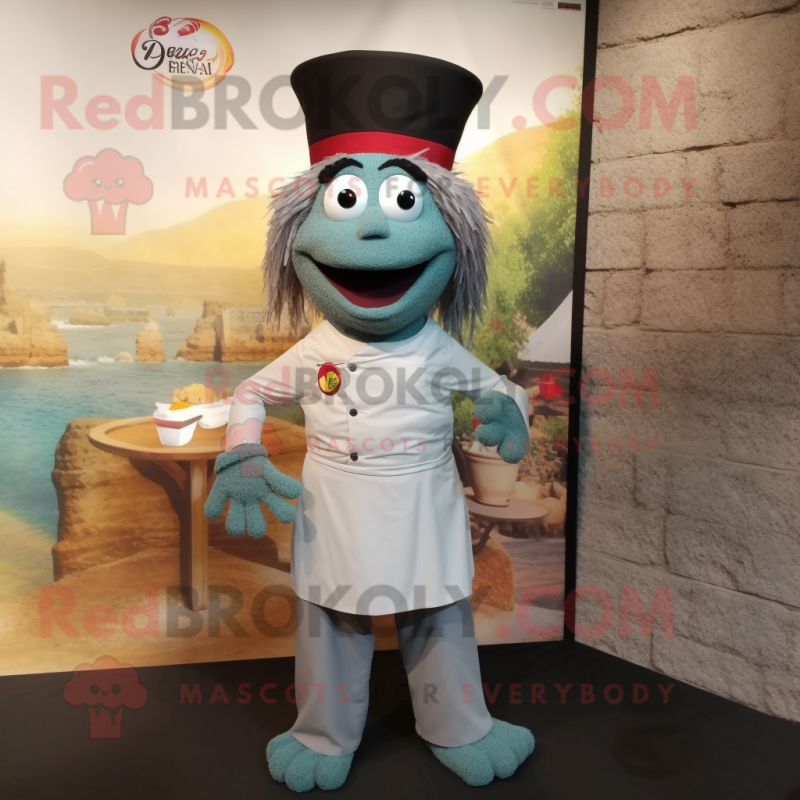 Gray Paella mascot costume character dressed with a Dress Pants and Lapel pins Gray Paella mascot costume character dressed with a Dress Pants and Lapel pins