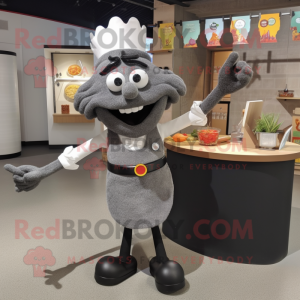 Gray Paella mascot costume character dressed with a Dress Pants and Lapel pins