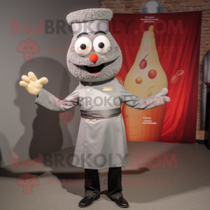 Gray Paella mascot costume character dressed with a Dress Pants and Lapel pins