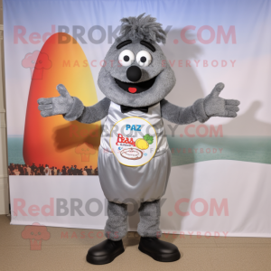 Gray Paella mascot costume character dressed with a Dress Pants and Lapel pins