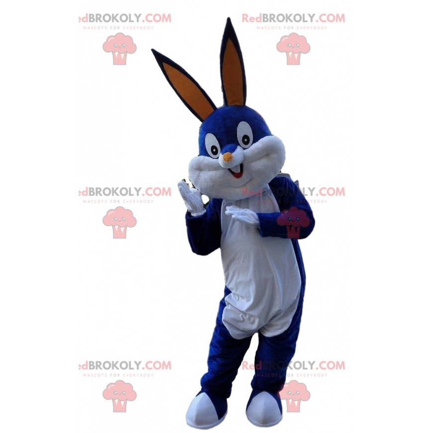 Blauw-witte mascotte Bugs Bunny, beroemd konijnenkostuum -