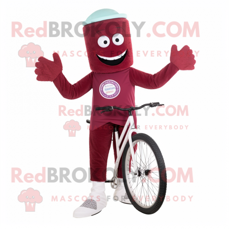 Maroon Unicyclist mascot costume character dressed with a Capri Pants and Mittens