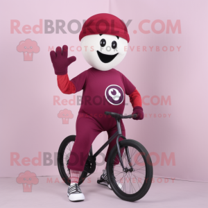 Maroon Unicyclist mascot costume character dressed with a Capri Pants and Mittens