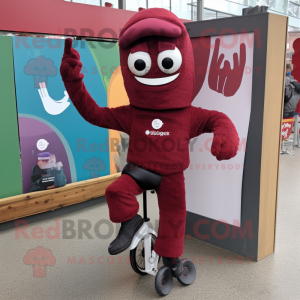 Maroon Unicyclist mascot costume character dressed with a Capri Pants and Mittens