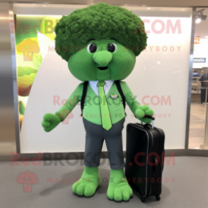 Forest Green Broccoli mascot costume character dressed with a Button-Up Shirt and Briefcases