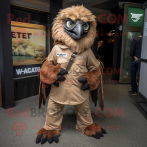 Brown Haast'S Eagle mascot costume character dressed with a Overalls and Earrings