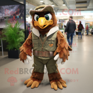 Brown Haast'S Eagle mascot costume character dressed with a Overalls and Earrings