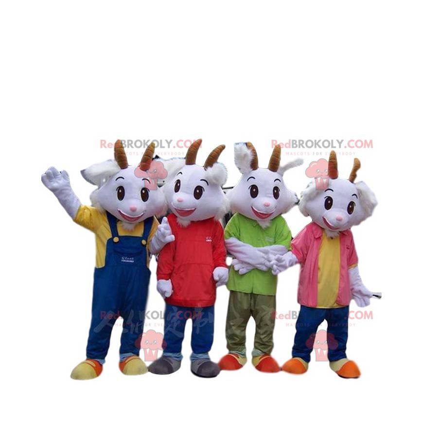 4 white goat mascots dressed in colorful outfits -