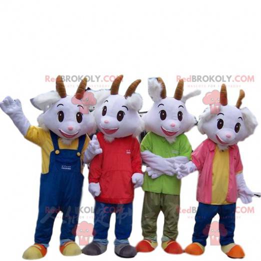 4 witte geit mascottes gekleed in kleurrijke outfits -