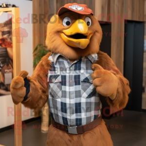 Brown Haast'S Eagle mascot costume character dressed with a Overalls and Earrings