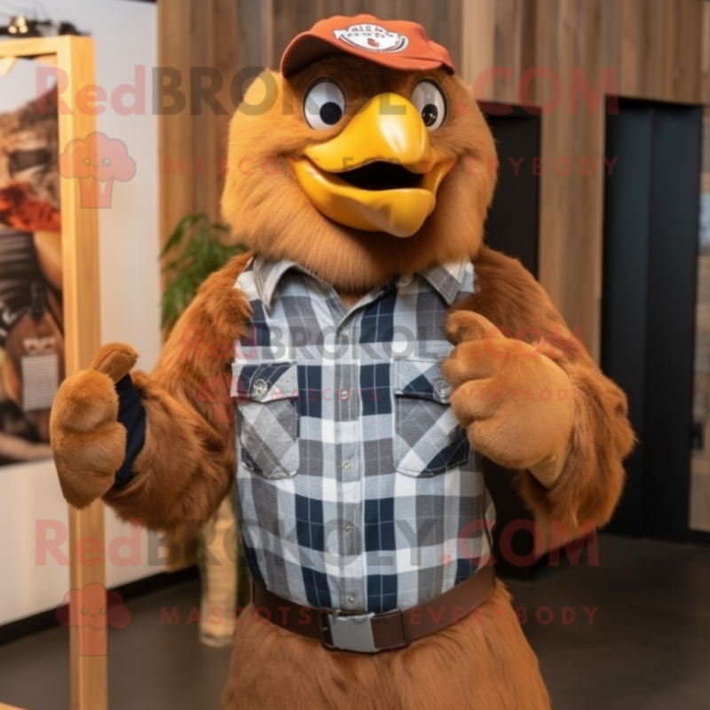 Brown Haast'S Eagle mascot costume character dressed with a Overalls and Earrings