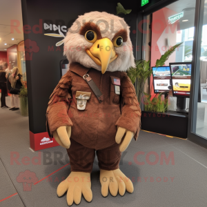 Brown Haast'S Eagle mascot costume character dressed with a Overalls and Earrings