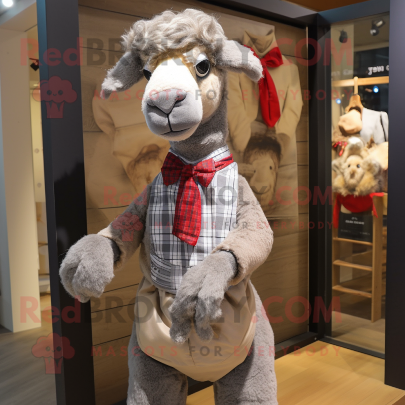Gray Camel mascot costume character dressed with a Flannel Shirt and Bow ties Gray Camel mascot costume character dressed with a Flannel Shirt and Bow ties