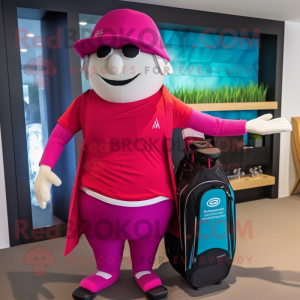 Magenta Golf Bag mascot costume character dressed with a Swimwear and Caps