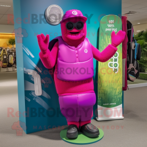 Magenta Golf Bag mascot costume character dressed with a Swimwear and Caps