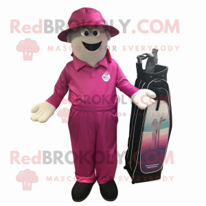 Magenta Golf Bag mascot costume character dressed with a Swimwear and Caps