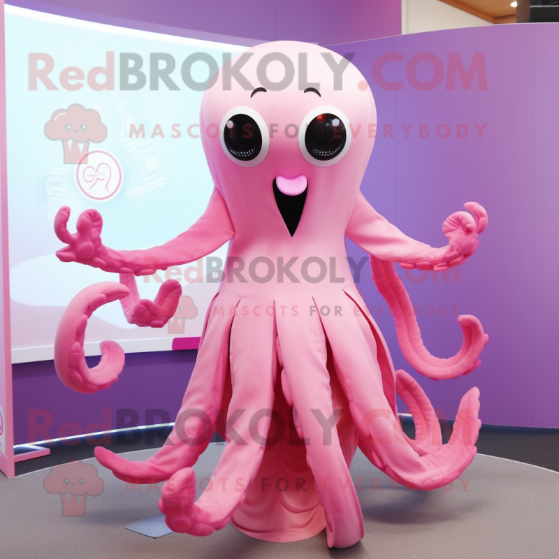 Pink Octopus mascot costume character dressed with a Dress and Necklaces Pink Octopus mascot costume character dressed with a Dress and Necklaces