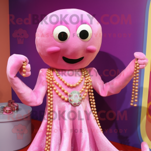 Pink Octopus mascot costume character dressed with a Dress and Necklaces