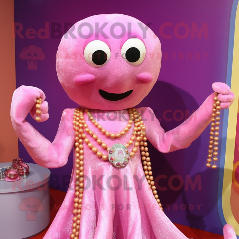 Pink Octopus mascot costume character dressed with a Dress and Necklaces Pink Octopus mascot costume character dressed with a Dress and Necklaces