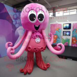 Pink Octopus mascot costume character dressed with a Dress and Necklaces