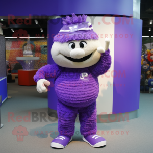 Purple Bracelet mascot costume character dressed with a Polo Shirt and Hair clips