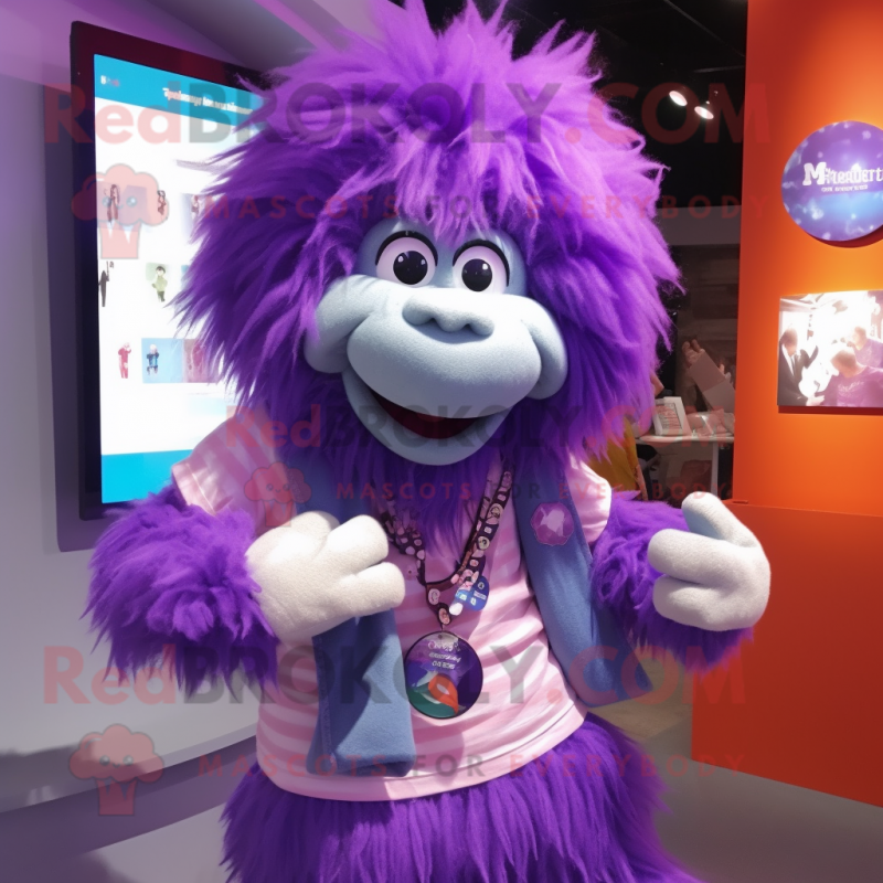 Purple Bracelet mascot costume character dressed with a Polo Shirt and Hair clips Purple Bracelet mascot costume character dressed with a Polo Shirt and Hair clips