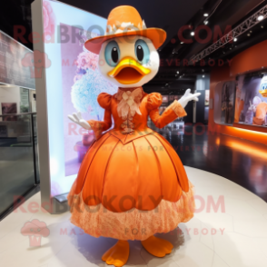 Orange Geese mascot costume character dressed with a Ball Gown and Hats