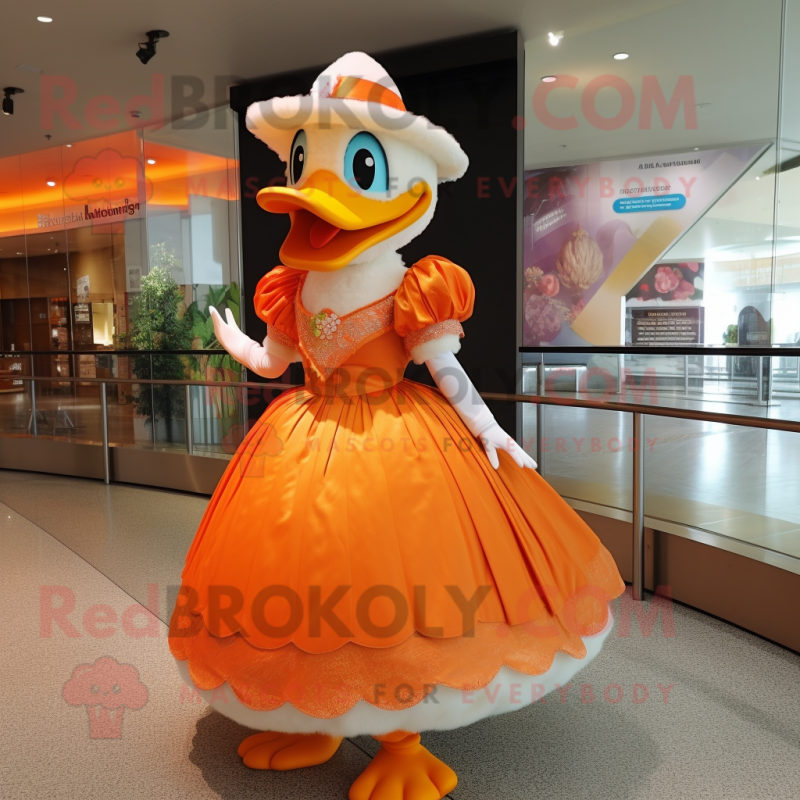 Orange Geese mascot costume character dressed with a Ball Gown and Hats